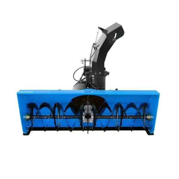 Niebieska odśnieżarka wirnikowa na przód ciągnika 4Farmer z tyłu